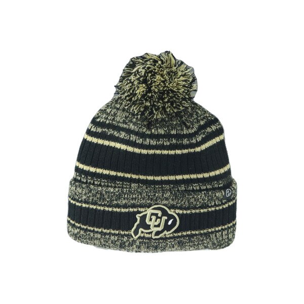 A black and gold marbled beanie with a black strip and two gold stripes on the cuff and body of the hat. There is a CU Buffalo logo on the front cuff and a black and gold pom on top.